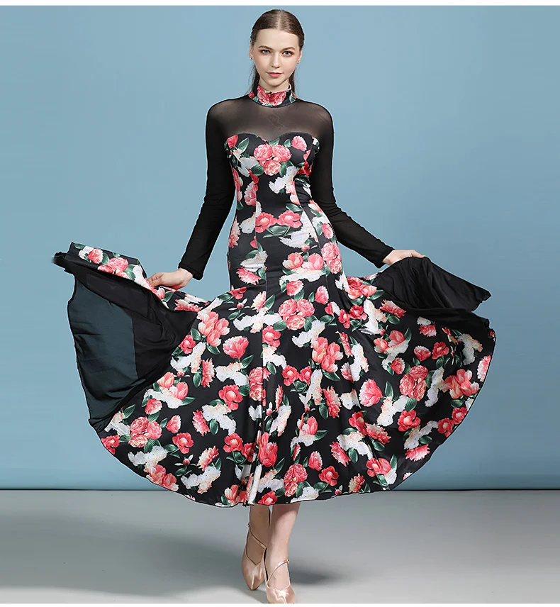 

2 Colors Ballroom Dance Dress Printing Flamenco Skirt with Long Mesh Sleeves Dress for Waltz Tango Women & Adult Dancewear A0080