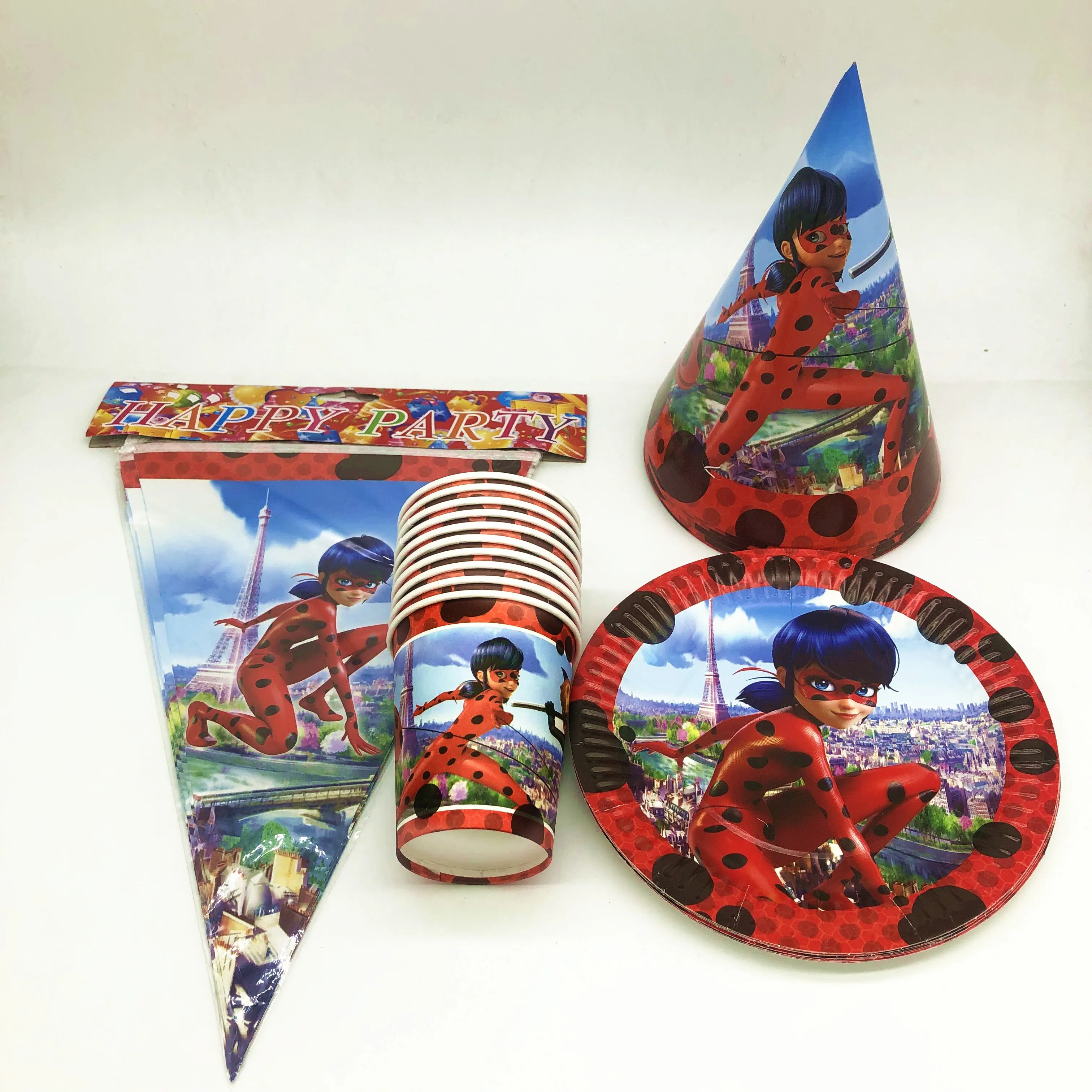 

40Pcs/Lot Ladybug Theme kids Birthday party Paper Plates+Cups+Flags+Caps Decoration Cartoon Disposable Tableware Party Supplies