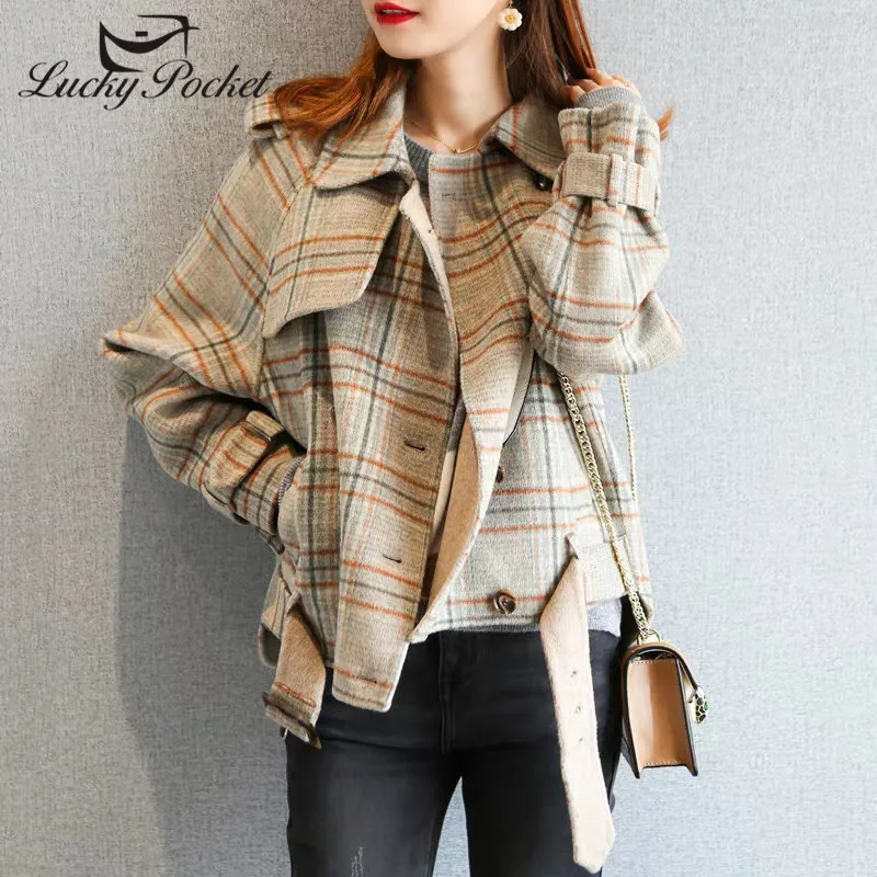 Women Fall Winter Gray Turn-down Collar Plaid Wool Short Woolen Coat Female England Style Parkas Ladies Fashion Outerwear ZM85 | Женская