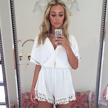 

Fashion Women Ladies Stylish Solid Color Sexy Lace Stitching Crochet Playsuit Beachwear Summer Chiffon Short Rompers Jumpsuits