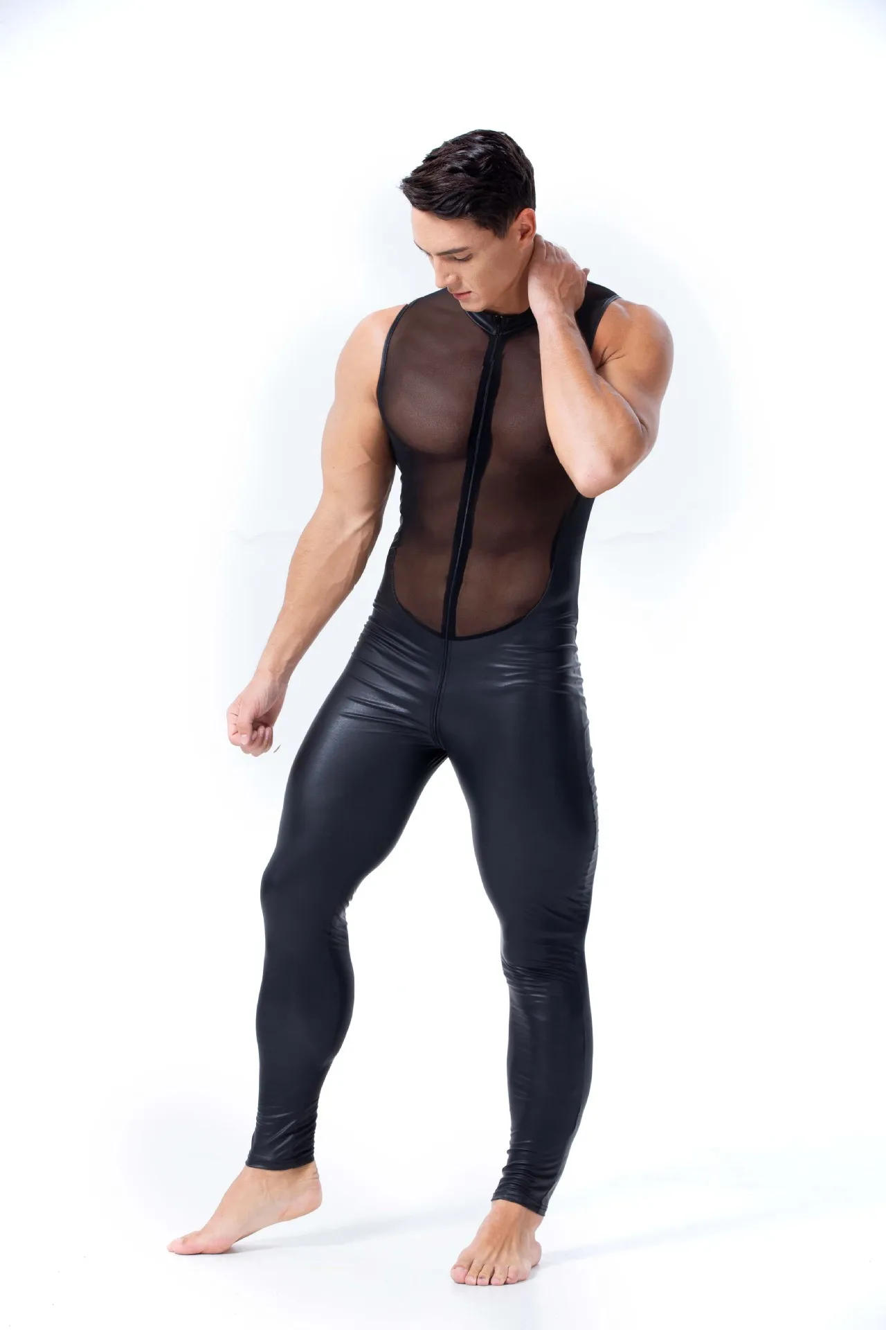 Black Patent Leather Transparent Mesh Sexy Mens Zentai Spandex Catsuit Bodysuit Male Catsuit Erotic Party Clubwear Jumpsuit 2XL