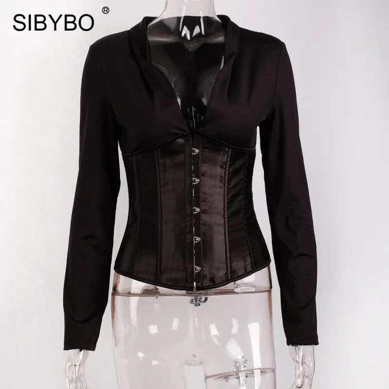 Черный SIBYBO, на шнуровке сзади, с глубоким v-образным вырезом, Сексуальная рубашка, для женщин, с длинным рукавом, Тонкая Повязка, женские топы, с отверстиями, повседневные, женские блузки и рубашки - Цвет: Черный