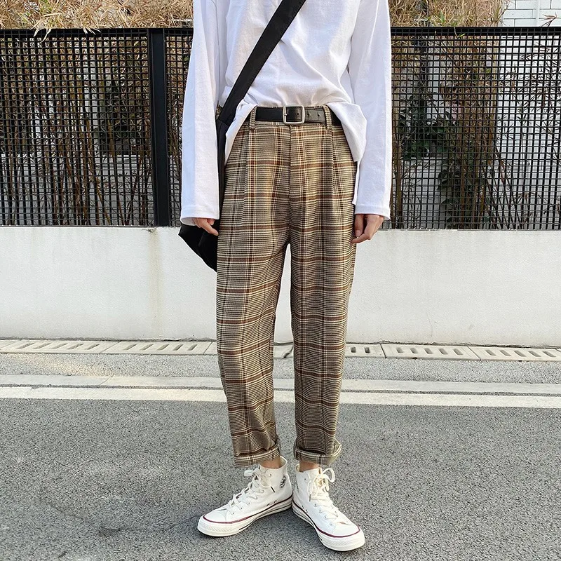 Korean Men Plaid Pants Vintage Ankle 