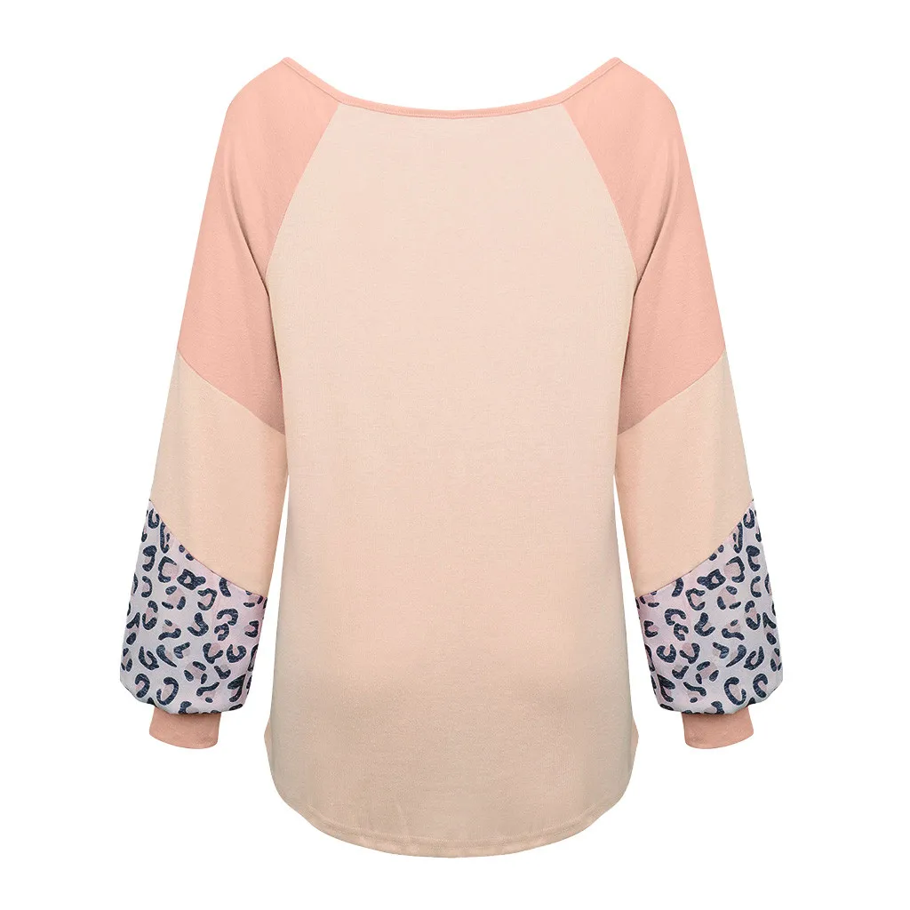 2019 ladies leopard solid color stitching long-sleeved shirt sweater 

