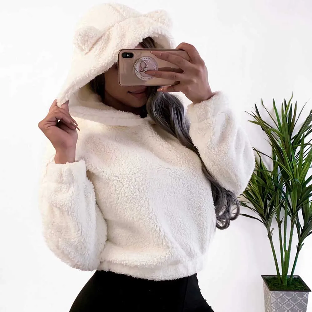Cat White ELSVIOS, милые женские флисовые толстовки,, с длинным рукавом, с капюшоном, пуловер, толстовка, Осень-зима, мягкие, теплые, короткие толстовки, свитшоты - Цвет: Cat White