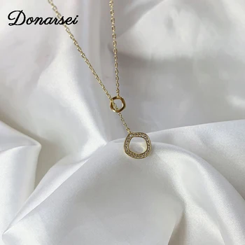 

925 Sterling Silver Korea Simple Double Circles Chokers Necklace For Women Shining Rhinestone Gold Color Clavicle Chain