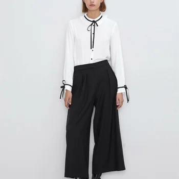 

Autumn women's shirt casual solid color ruffled bow decorative shirt