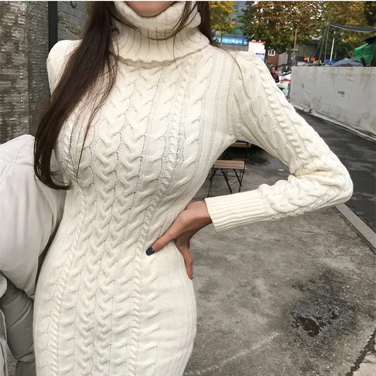 Элегантный зимний теплый вязаный свитер платье Женская мода Turtlenek с длинным