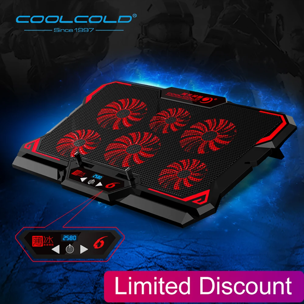 Laptop Cooler 6 Fans Laptop Cooling Pad 2 USB Port with Led Screen 2600RPM for 14-17 inch Gaming Laptop Cooler Stand