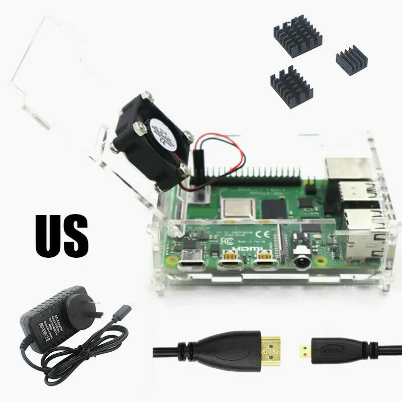US kit Новинка 5V 3A Мощность адаптер Micro HDMI кабель прозрачный акриловый чехол Корпус коробка с охлаждающим вентилятором теплоотвод для Raspberry Pi 4 модели B - Цвет: US kit