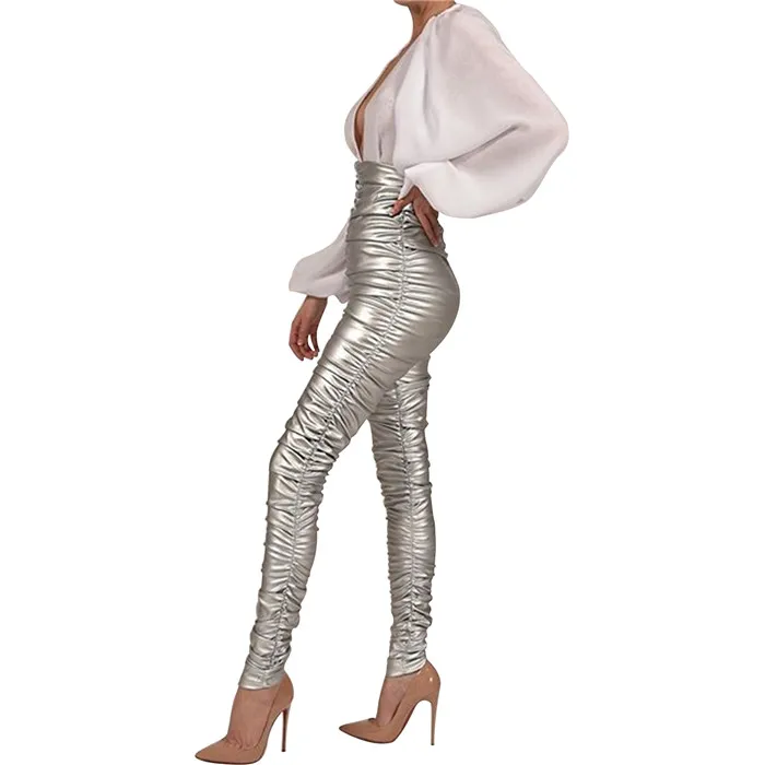 Женские сексуальные штаны бодикон Клубная одежда с высокой талией черные золотые серебряные эластичные плиссированные женские узкие леггинсы брюки плюс размер леди XL