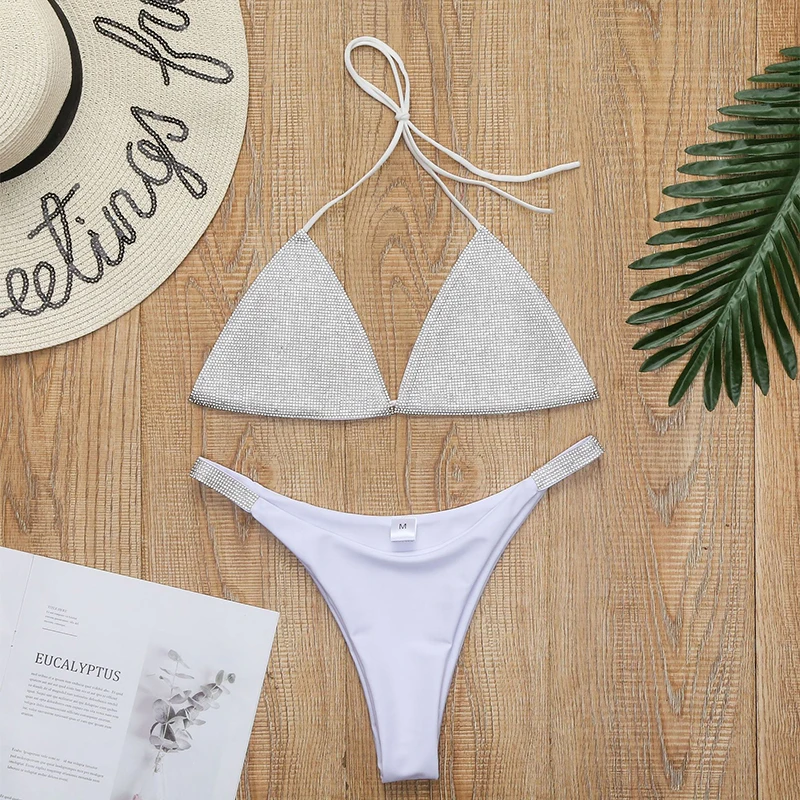 Sexy Shiny Rhinestones Bra and Panty Set Women Halter BraTwo Piece Set Summer BeachBikini Low WaistTriangleBathingWoman Swimsuit cheap bikini sets