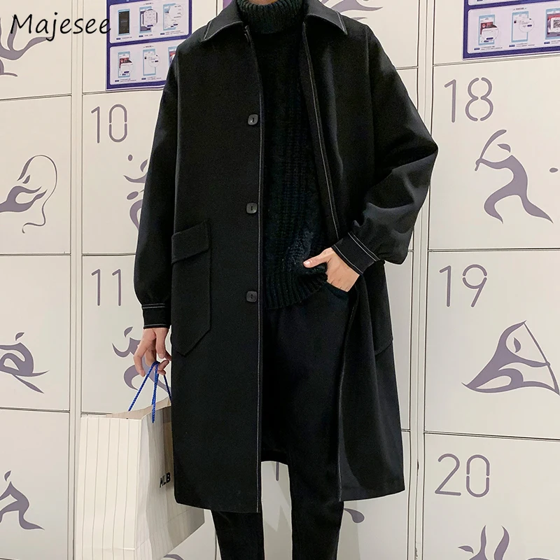 Hombres gabardinas liso Simple larga primavera negro recto prendas de vestir hombre Ins Chic Casual-Encuentro de estilo coreano Harajuku Streetwear nuevo