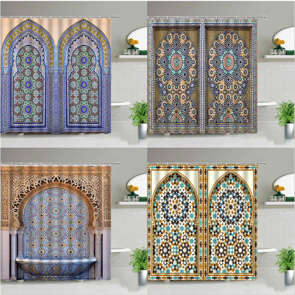 

Bohemian Mandala Shower Curtain Morocco National Style Antique Door Bathroom Curtains Waterproof Fabric Bathtub Screen With Hook