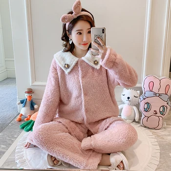 

2020 Women Winter Flannel Pajama Set Long Sleeve Loose Button Top Elastic Waist Thick Warm Sleepwear Home Clothing