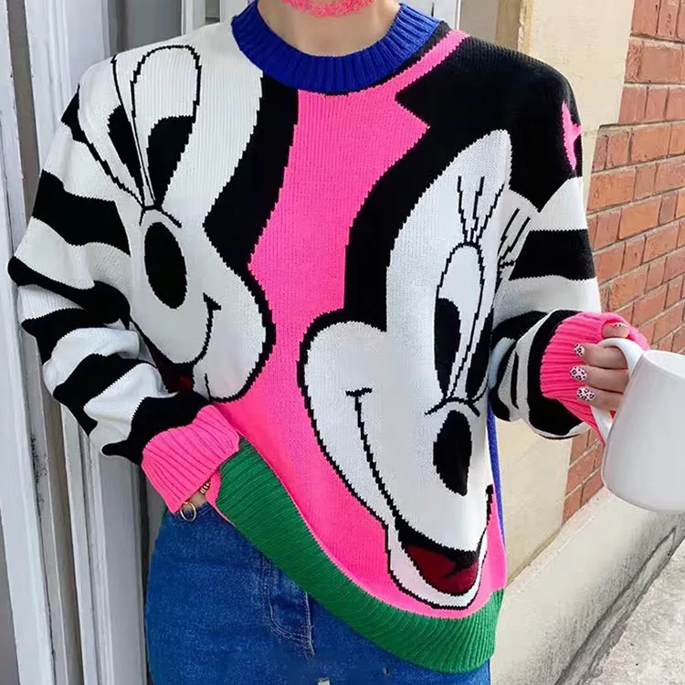 

Women Cartoon Print Contrast Color Sweaters Winter Long Sleeve O-Neck Knitted Pullovers Femme Street Harajuku Sweater CC001