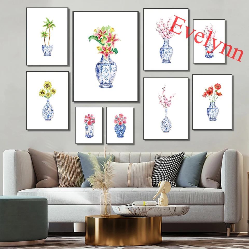 

Cherry Blossom Chinoiserie Vases Posters, Bblue White Porcelain Art Vases With Flowers Home Decor Canvas Wall Art Prints Gift