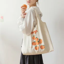 Women's Canvas Bag Lovely Fruit Print Orange Large Volume Shoulder Bag Artsy Preppy Style Cute Side Shopping Bag