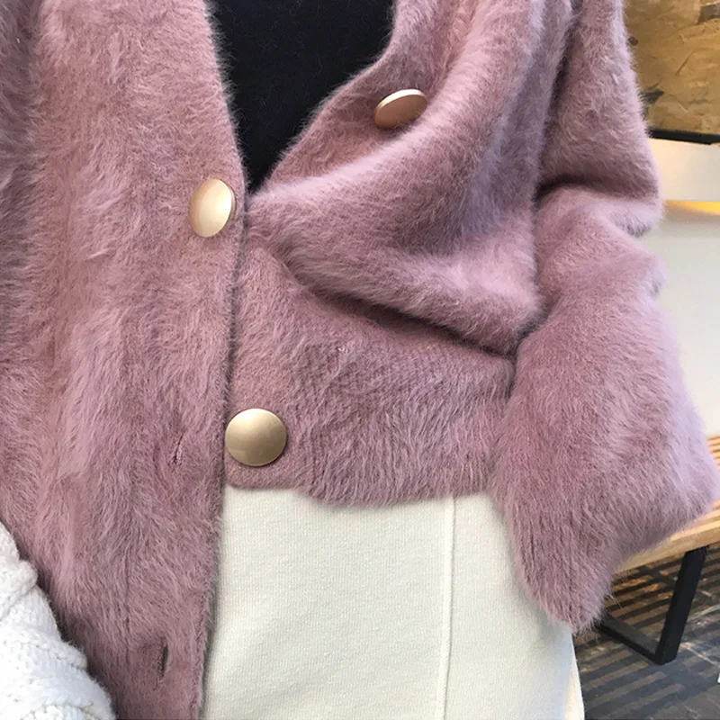 Teddy Jacket Coat Elegant Loose Women Knitted Cardigans Lantern Sleeve Mohair Jumpers 2020 Autumn winter Female Fluffy Jacket