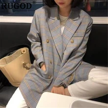 RUGOD Korean office lady blazer jacket Fasion long sleeve plaid split suit coat women Casual double-breasted female auturm wear