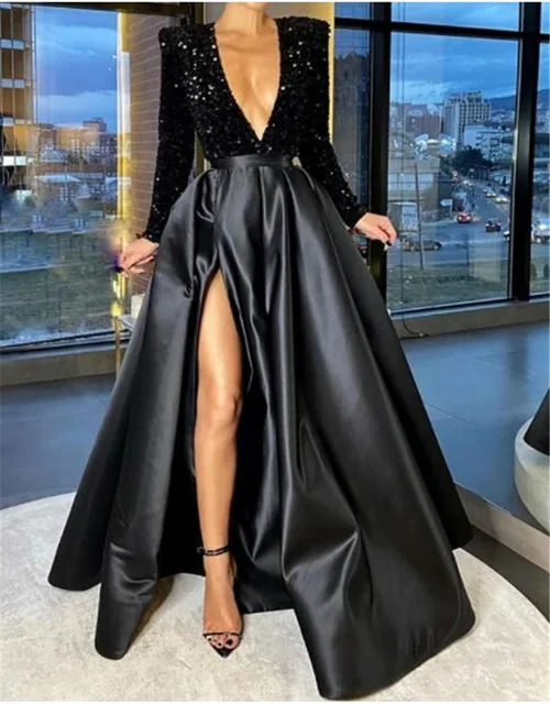 A-Line Sparkle Party Wear Formal Evening Dress V Neck Long Sleeve Floor Length Satin Sequin With Crystals Split 2022 Black