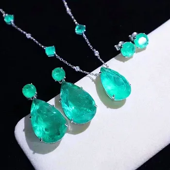 ZOCA Paraiba Tourmaline Emerald Lab Big Stone Earrings 925 Sterling Silver Jewelry Set Gift Women Water Drop Pendant Design 1
