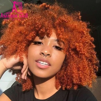 

Afro Kinky Curly Wig With Bangs Brazilian Short Human Hair Wigs For Black Women Orange Color 12 inch Amanda Remy Hair Wig