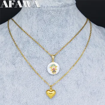 

Shell Zircon Copper Stainless Steel Layered Necklace Gold Color Family Necklace Jewelry gargantillas cortas mujer moda N58S01