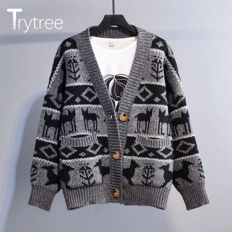 

Trytree Autumn Summer Women Sweater Casual Fawn Animal Computer Knitwear V-Neck Cardigans Single Breasted Sweater Buttons Tops