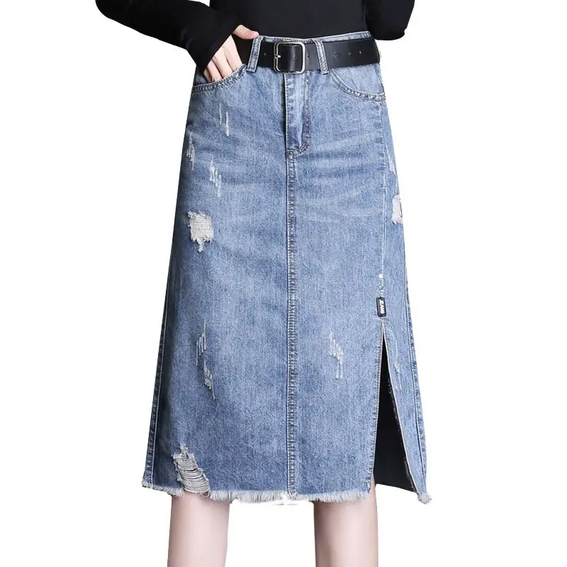 Женская весенне-летняя юбка с высокой талией, однотонная джинсовая юбка с разрезом на молнии средней длины синего цвета 3XL