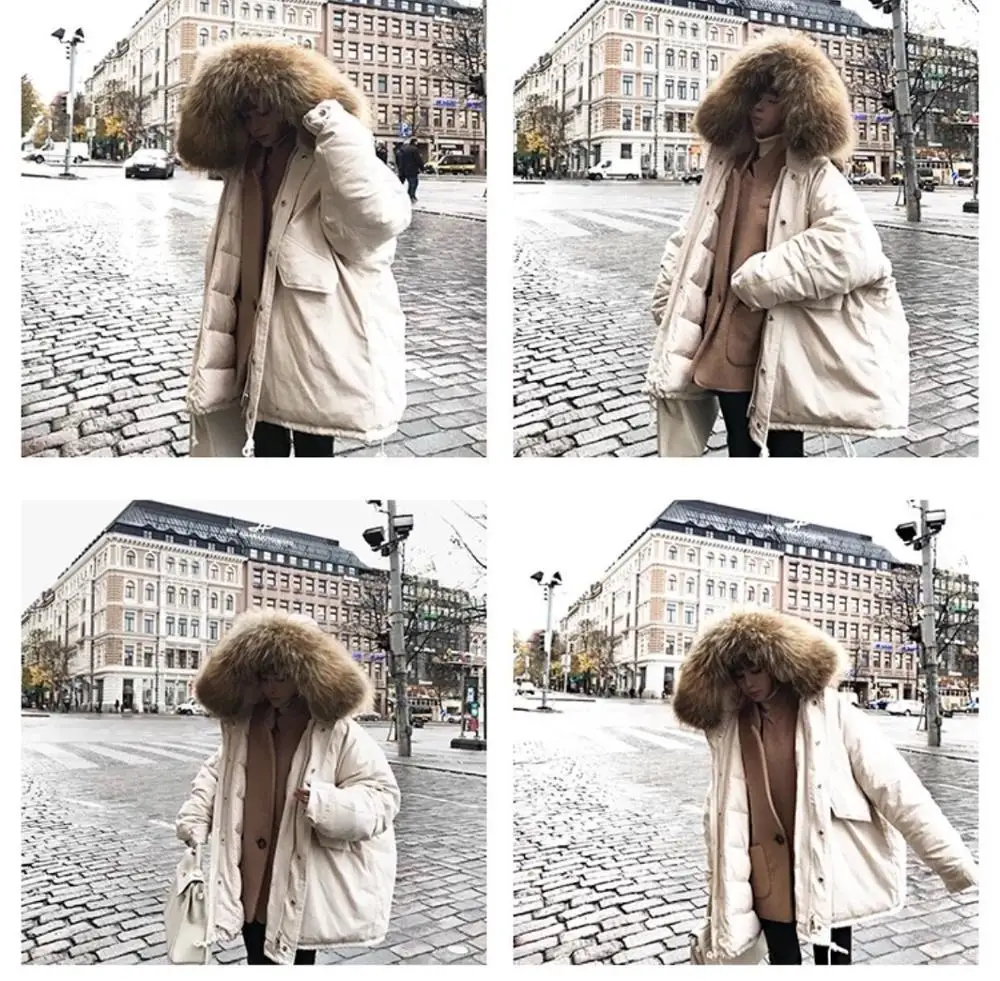 

Real Fur Coat Natural Raccoon Fur Collar 2020 Autumn Winter White Duck Down Jacket Korean Loose Womens Puffer Coat Outwear