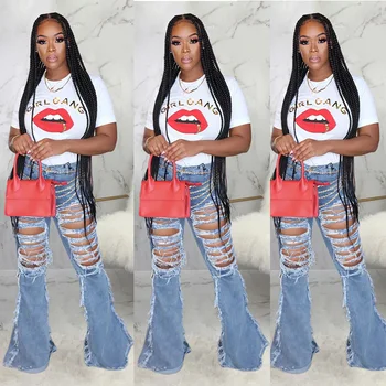 

2020 Women High Waist Denim Skinny Jeans Bell Bottom Ripped Hole Slim Flare Jeans Female Wide Leg Holes Pants Ladies Plus Size