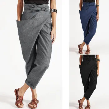 

Harem Pants Plus Size S-5XL Women's Casual брюки Loose High Waisted Lace Up Strap Solid One Side Pocket Trousers Comfort Pants
