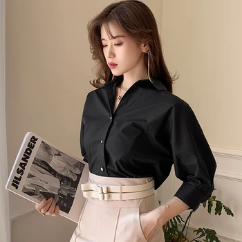 

COIGARSAM Office Lady Full Sleeve Shirt Womens tops New Spring Chiffon Solid Women shirts Black 916