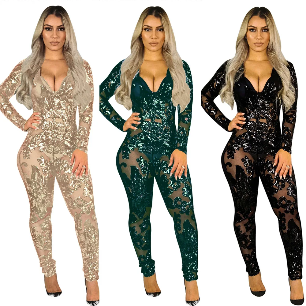 

2020 Hot Autumn Sexy Club Bar Women Transparent Party Streetwear Skinny Jumpsuit Bodysuit