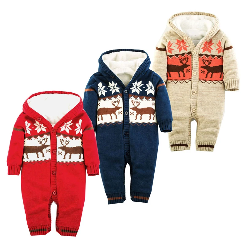 

NEW Christmas Clothing Baby Boy Girl Knitted Sweater Jumpsuit Winter Thick Warm Soft Hooded Romper Kids Cotton Climb Clothes