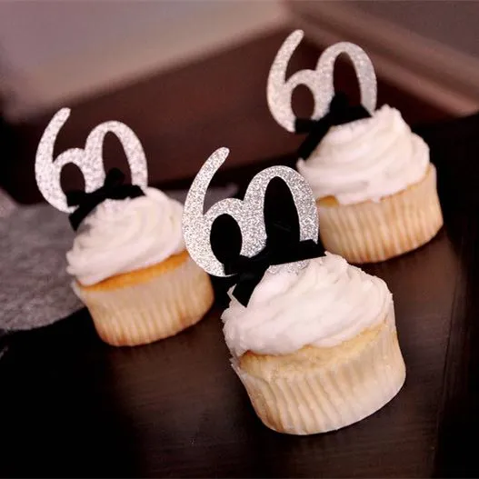 personalize glitter 60th Birthday Party Ideas. Number &quot60" Cupcake Toppers Customize silvery and Black bow celebration | Дом и сад