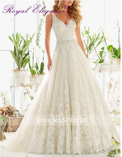 Королевская элегантность линия Кружева свадебное платье V декольте vestido de noiva Бисером Пояс