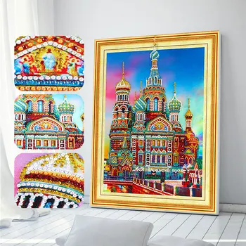 

Meian Diamond Painting Special Shaped Crystal Landscape Castle Round Mosaic Home Partial Diamond Embroidery New Arrivals 2019