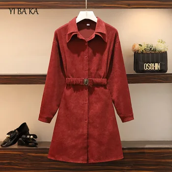 

new plus-size women's autumn dress elegant vintage long sleeve turn down collar shirt dress vestido loose casual autumn dress