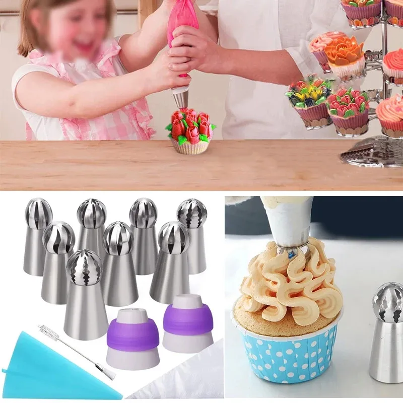 

Cupcake Decoration Tool Cake Nozzles Fondant Flower Stainless Steel Russian Ball Icing Piping Flower Mouth Set Torch Shape