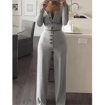 

Winter Women 2 Piece Set Knitted Clothes Button Long Sleeve Crop Top Loose Pants Two Piece Suit Tracksuit Women Party Outfits