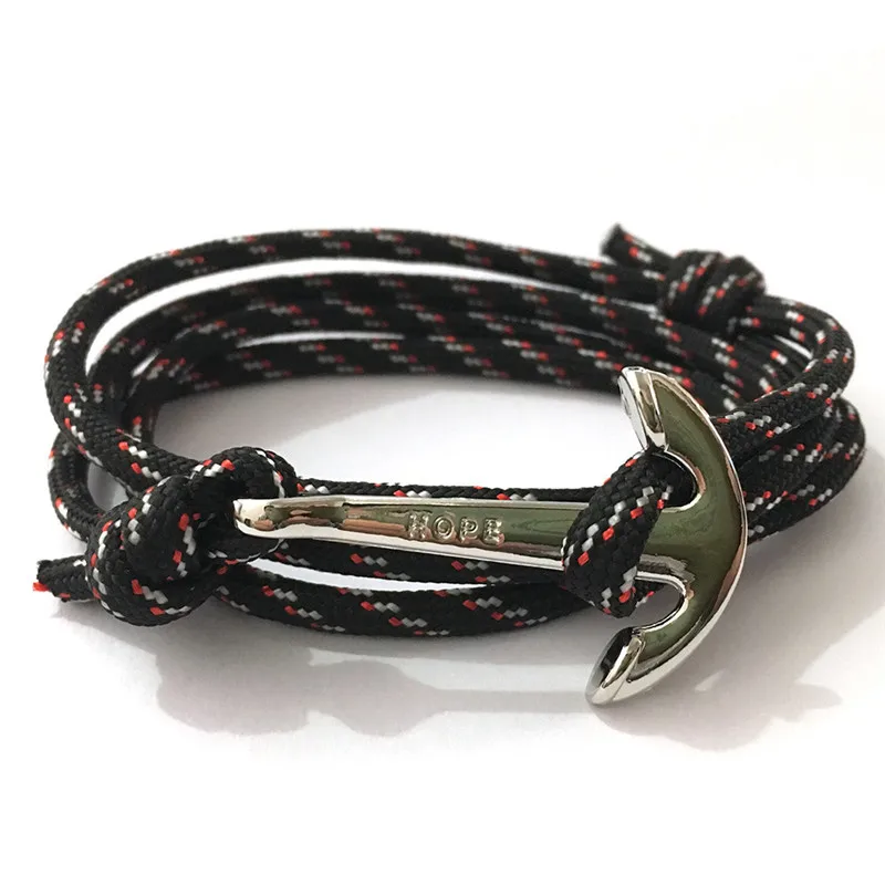 Black Anchor Bracelets Fashion Hope Men Charm Survival Rope Chain 3mm