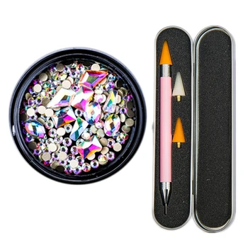 

1 Set Mixed 3D Rhinestones Nail Art Gems Jewelry Colorful & 1 Set Dual-Ended Nail Art Wax Studs Beads Pen Tool
