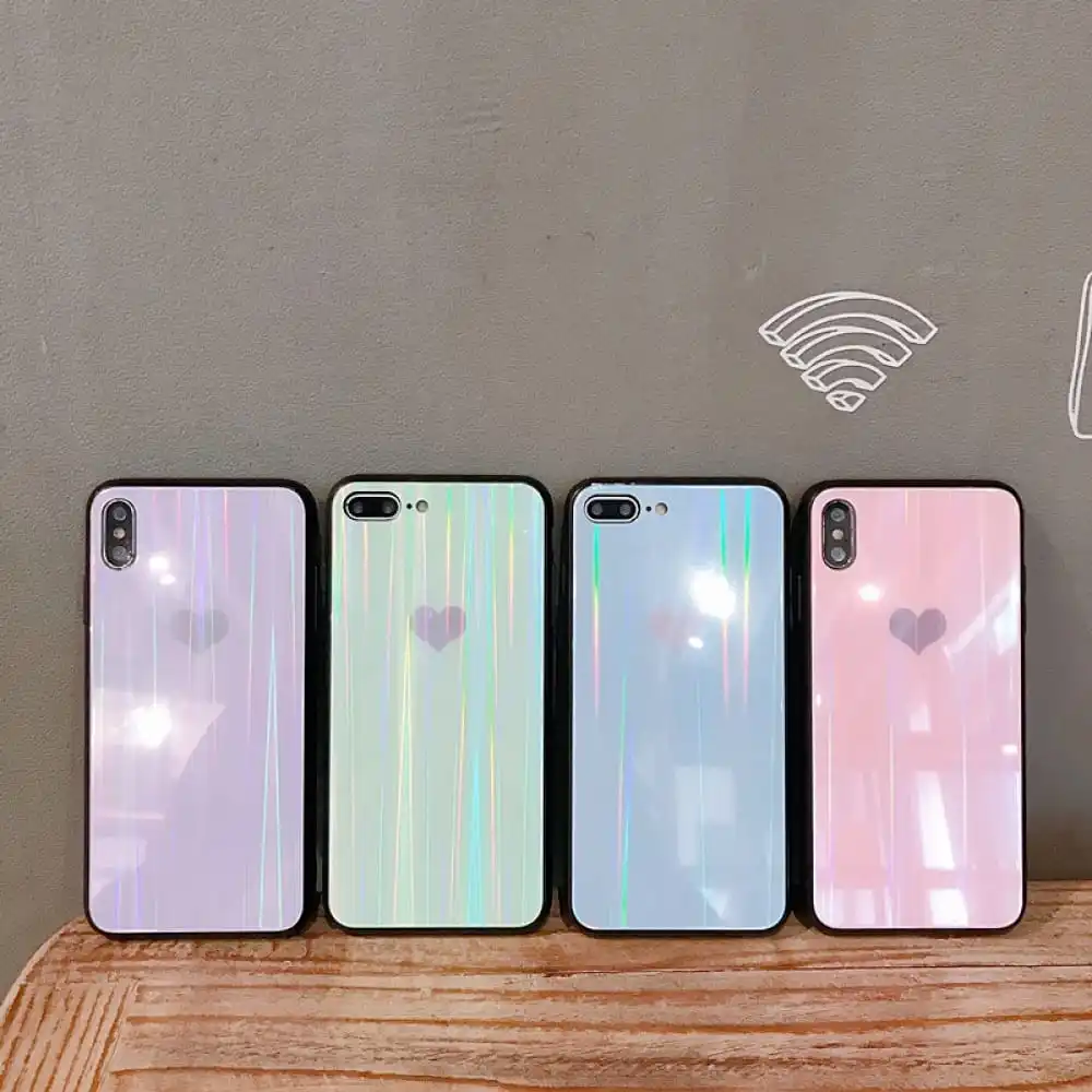 

Hard Laser Tempered Glass Case for iPhone 8 7 6 6s Plus X XR XS 11 Pro Max Plus Pink Green Candy Color Love Heart Protect Cover