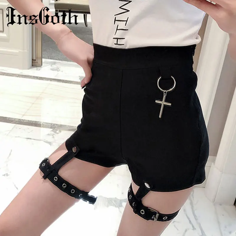 

InsGoth Women Hot Shorts Rivet Cross Metal Elastic Band Hollow Out Hip Hop Streetwear Gothic Female Shorts Harajuku Sexy Shorts