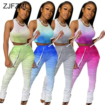 

Gradient Two Piece Set Women Tracksuit Summer Clother Sleeveless Tank Crop Top And Stacked Jogger Pant Casual 2 Piece Sweatsuit