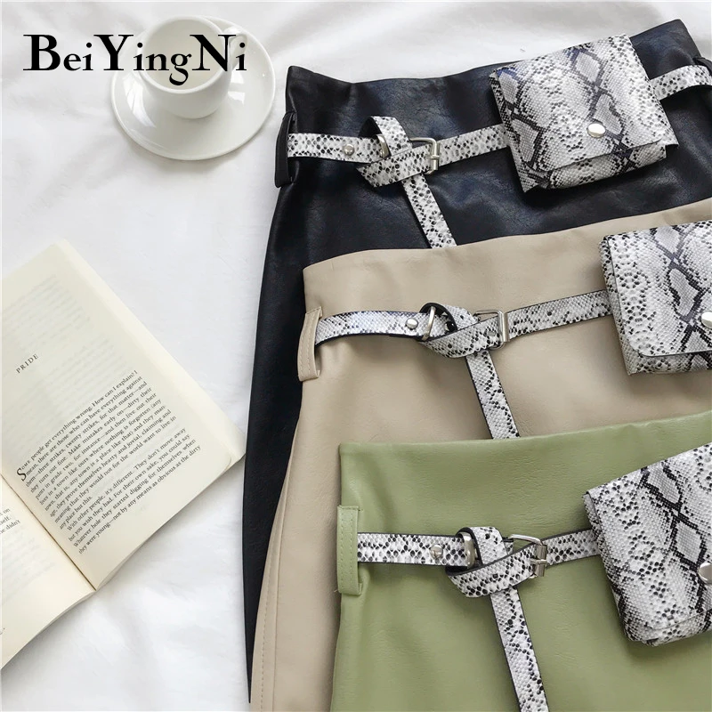 Beiyingni Женская юбка из искусственной кожи, поясная сумка, Корейская высокая талия, мини юбки, повседневный уличный выпускник в стиле Харадзюку, однотонная Осенняя юбка