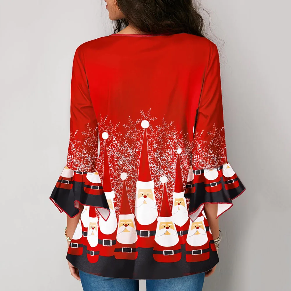 Ruffled Sleeves Christmas Tshirt Top Tee Shirt Women Santa Claus Print Lady T-shirt Red Black Round Button Neck Female Tshirt
