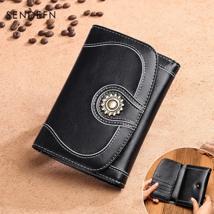 

2019 New Style Women's Genuine Leather Short Wallet Women's Cowhide Retro WOMEN'S Wallet Mini Purse a Generation of Fat